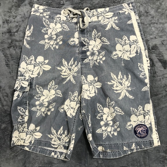 Abercrombie & Fitch Board Shorts Mens 36 Blue Hibiscus Floral Cargo Vintage